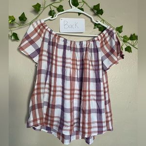Express over-the-shoulder blouse with pink plaid pattern.